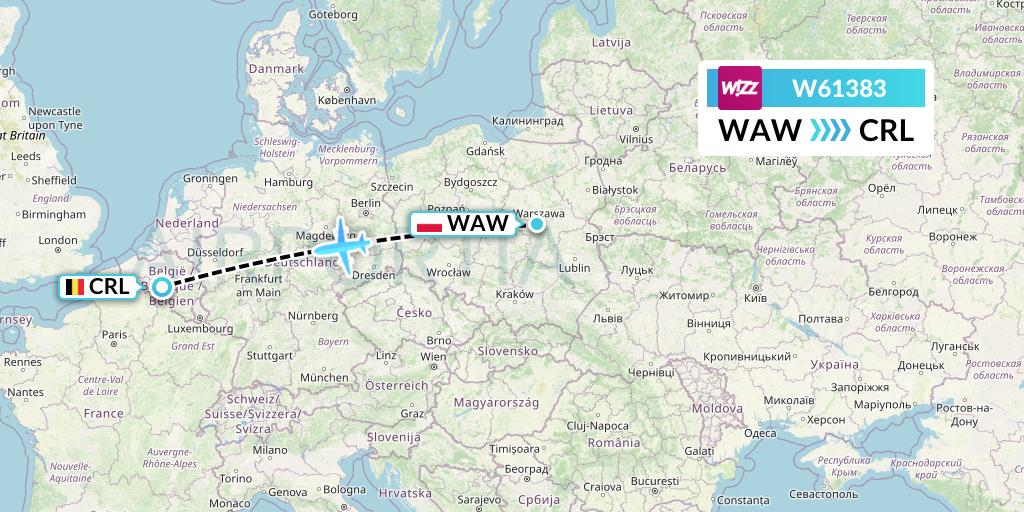 W61383 Wizz Air Flight Map: Warsaw to Brussels