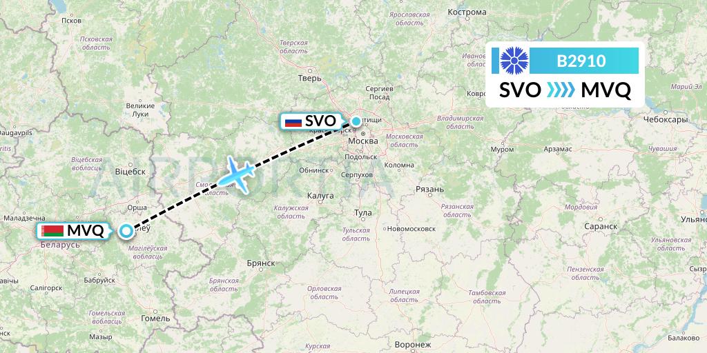 B2910 Belavia Flight Map: Moscow to Mogilev