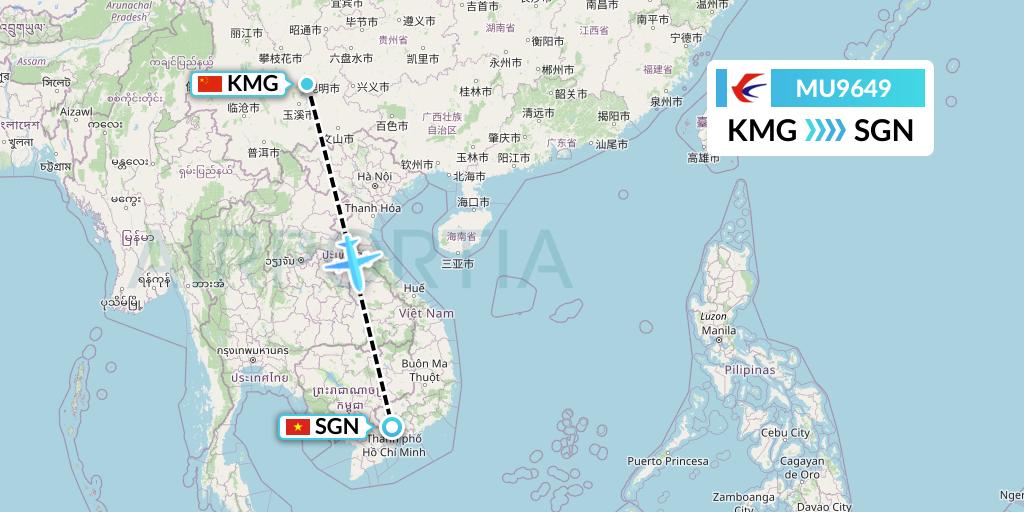 MU9649 China Eastern Airlines Flight Map: Kunming to Ho Chi Minh City