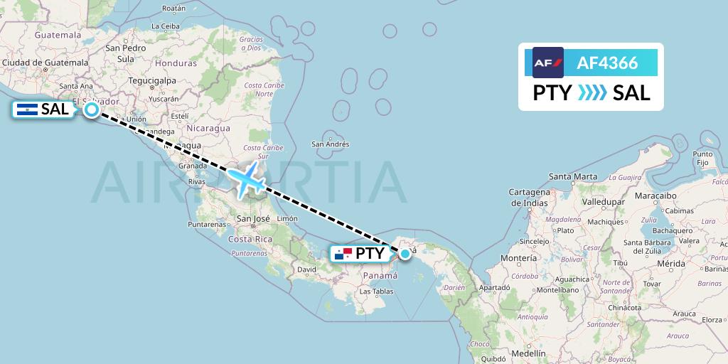 AF4366 Air France Flight Map: Panama City to San Salvador
