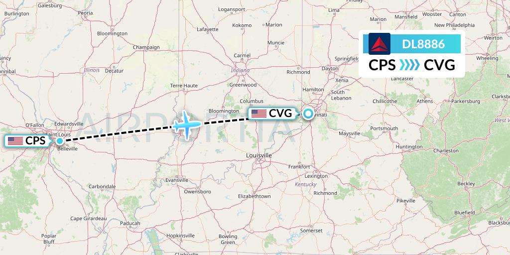DL8886 Delta Air Lines Flight Map: St. Louis to Cincinnati