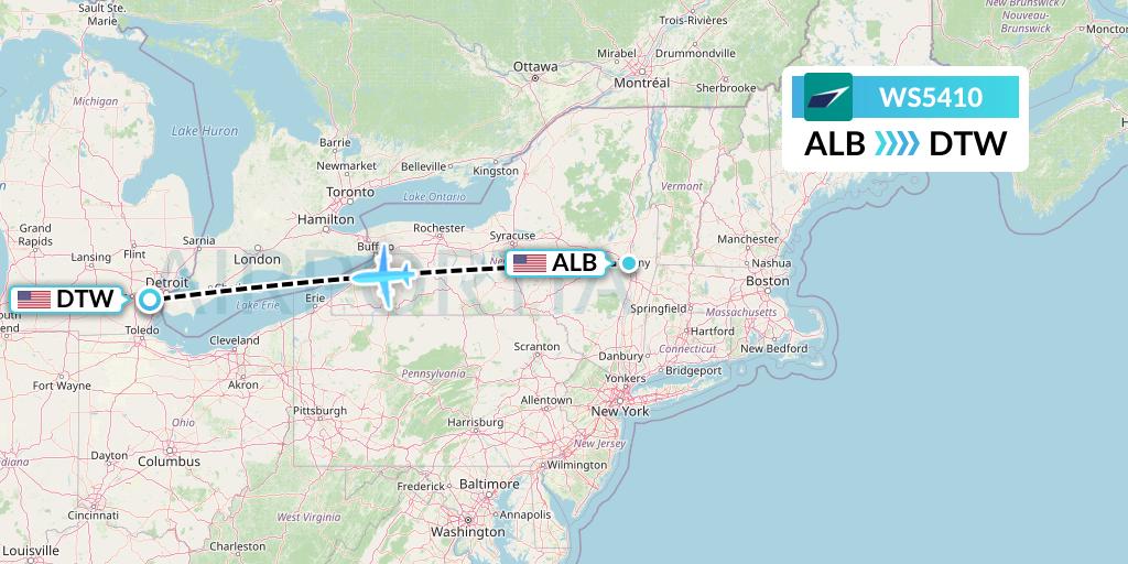 WS5410 WestJet Flight Map: Albany to Detroit