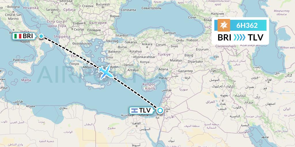 6H362 Israir Airlines Flight Map: Bari to Tel Aviv