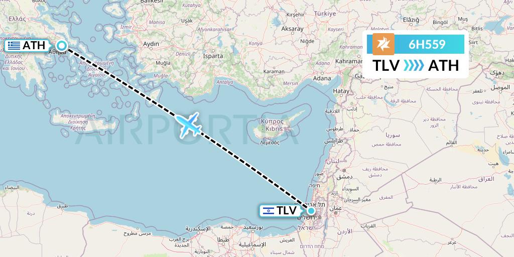 6H559 Israir Airlines Flight Map: Tel Aviv to Athens
