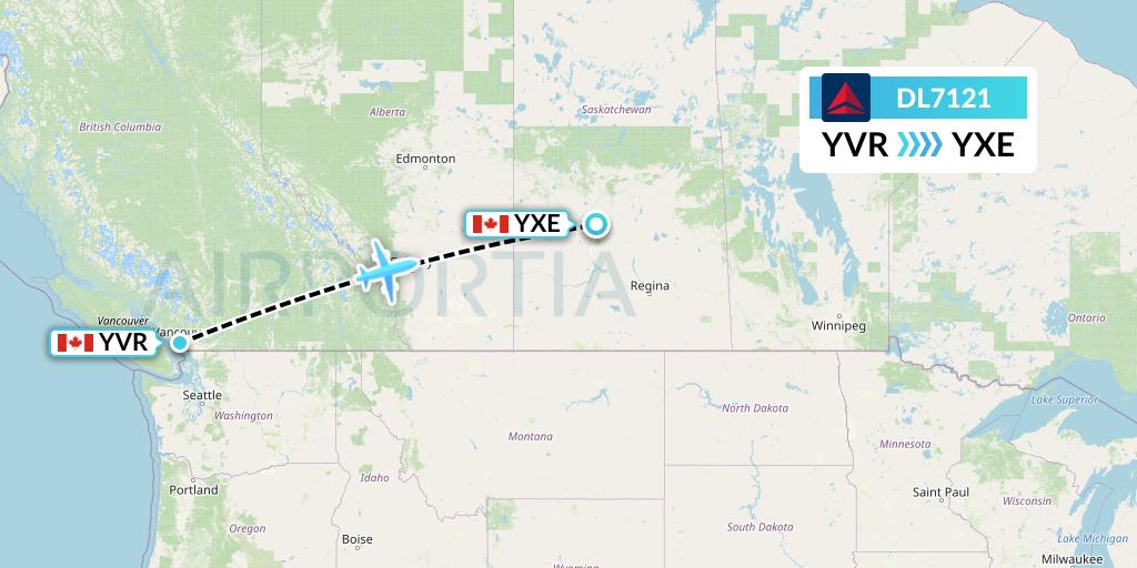 DL7121 Delta Air Lines Flight Map: Vancouver to Saskatoon