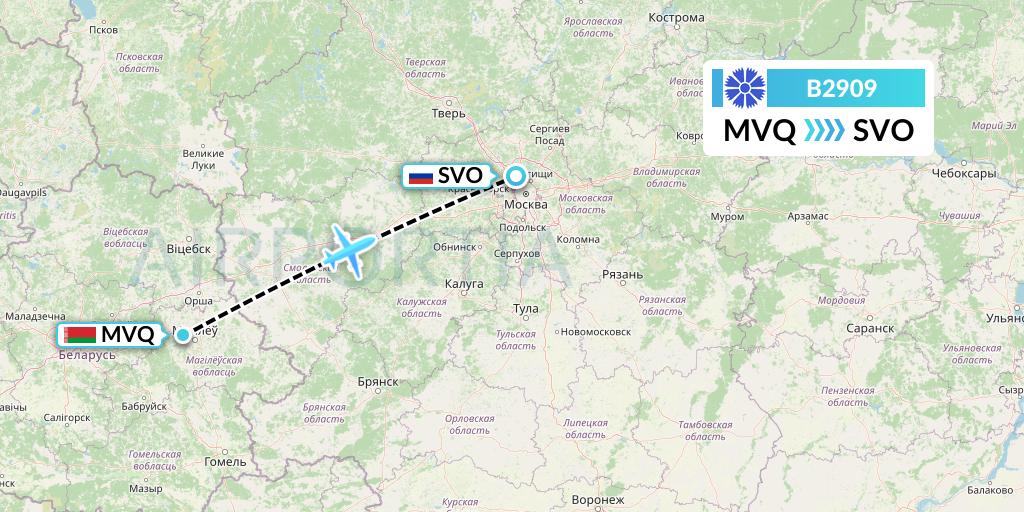 B2909 Belavia Flight Map: Mogilev to Moscow