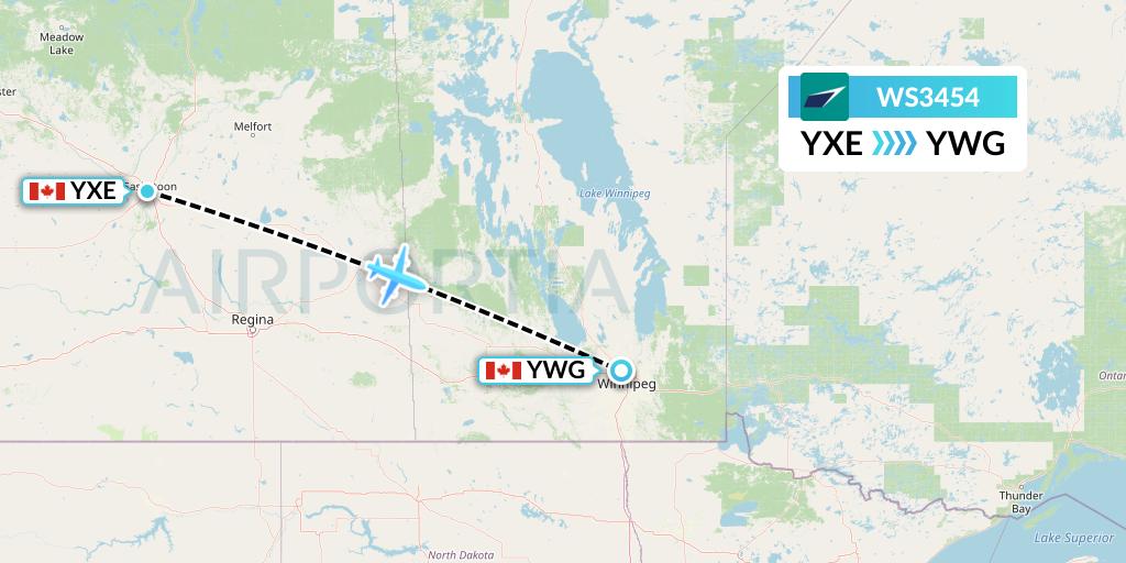 WS3454 WestJet Flight Map: Saskatoon to Winnipeg
