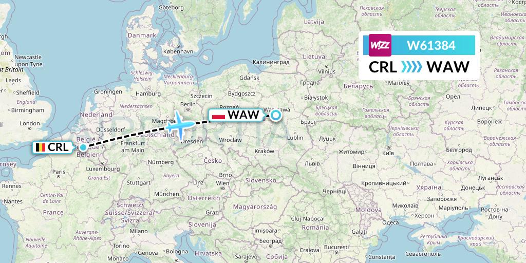 W61384 Wizz Air Flight Map: Brussels to Warsaw