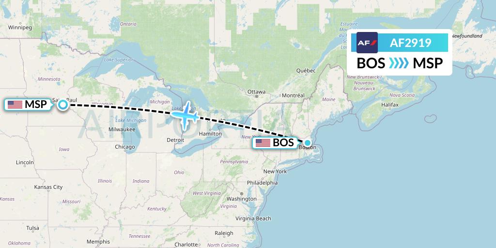AF2919 Air France Flight Map: Boston to Minneapolis