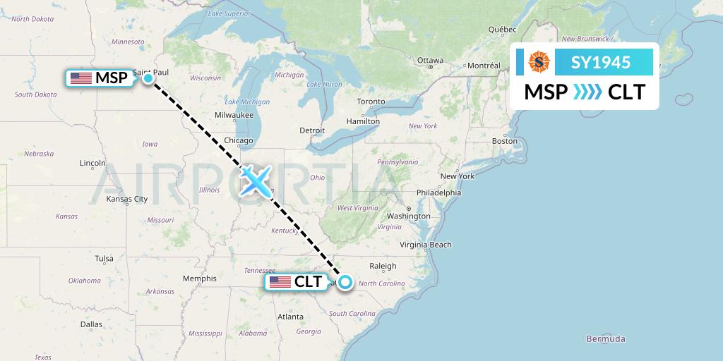 SY1945 Sun Country Airlines Flight Map: Minneapolis to Charlotte