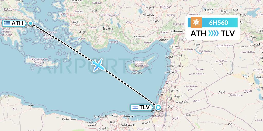 6H560 Israir Airlines Flight Map: Athens to Tel Aviv