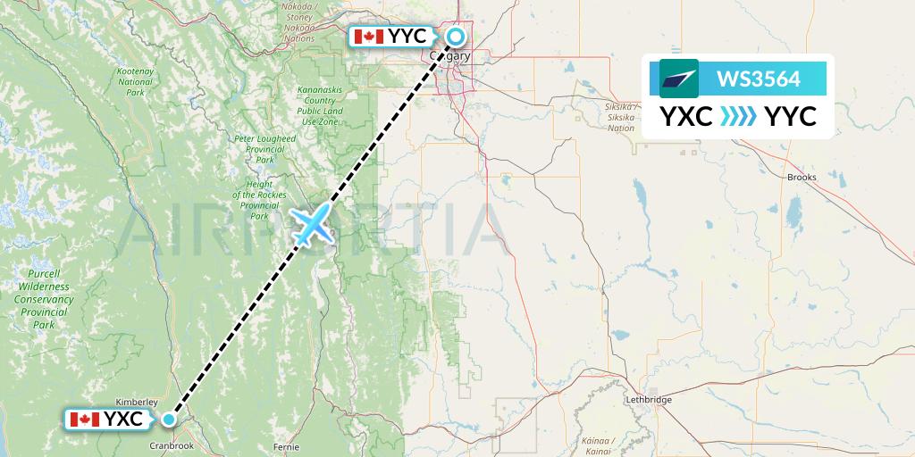 WS3564 WestJet Flight Map: Cranbrook to Calgary