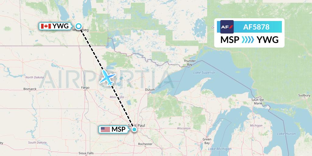 AF5878 Air France Flight Map: Minneapolis to Winnipeg