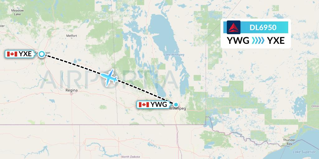 DL6950 Delta Air Lines Flight Map: Winnipeg to Saskatoon