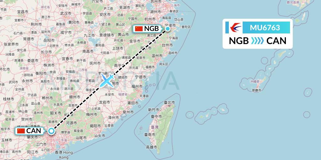 MU6763 China Eastern Airlines Flight Map: Ningbo to Guangzhou