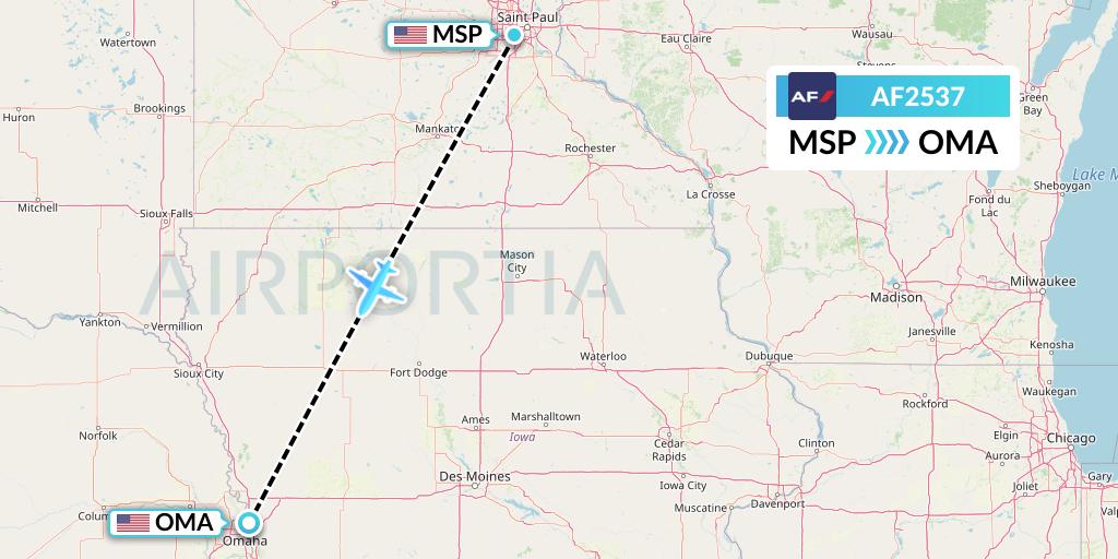 AF2537 Air France Flight Map: Minneapolis to Omaha
