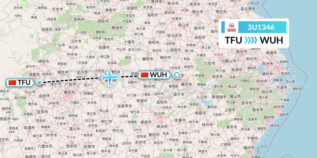 3U1346 Sichuan Airlines Flight Map: Chengdu to Wuhan