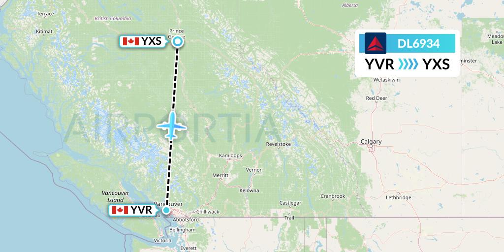 DL6934 Delta Air Lines Flight Map: Vancouver to Prince George