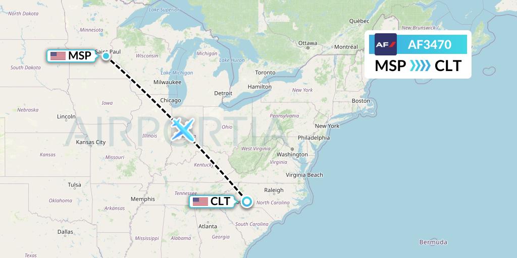 AF3470 Air France Flight Map: Minneapolis to Charlotte