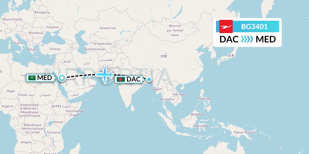 BG3401 Biman Bangladesh Airlines Flight Map: Dhaka to Medina