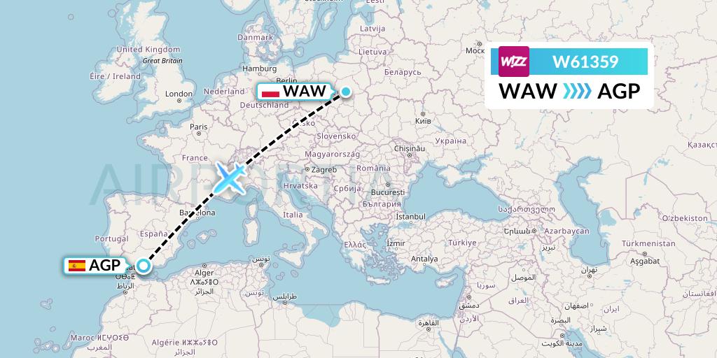 W61359 Wizz Air Flight Map: Warsaw to Malaga