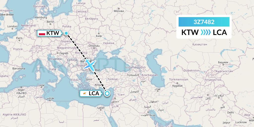 3Z7482 Travel Service Polska Flight Map: Katowice to Larnaca
