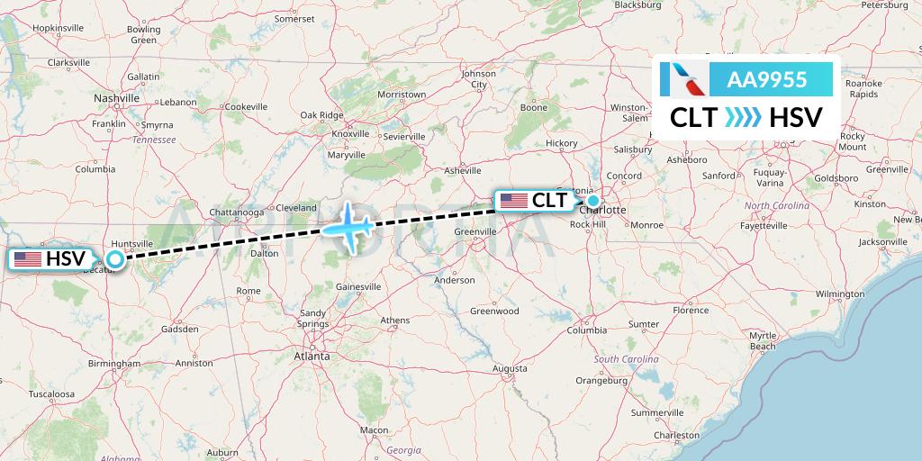 AA9955 American Airlines Flight Map: Charlotte to Huntsville