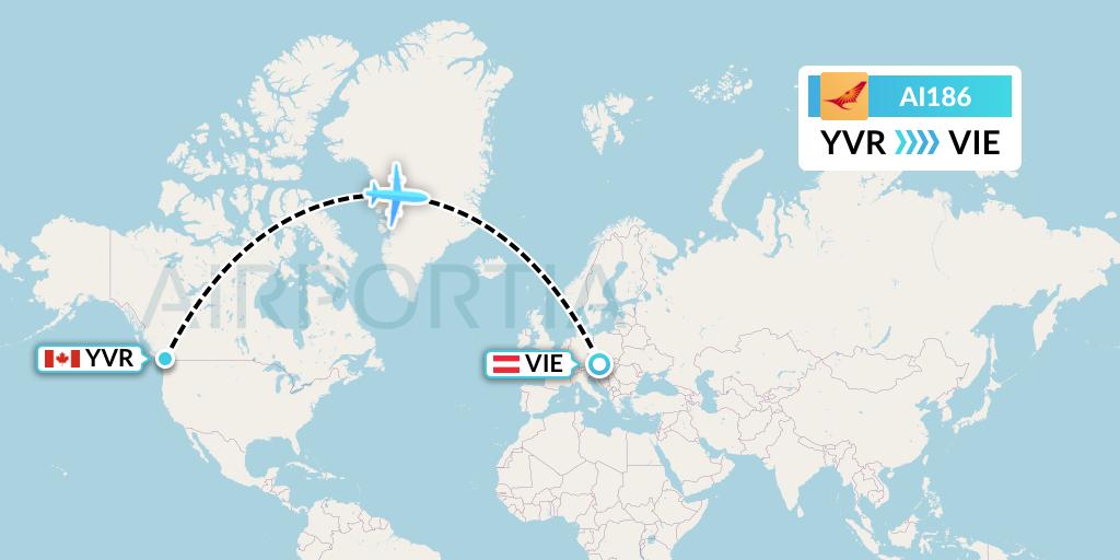 AI186 Air India Flight Map: Vancouver to Vienna