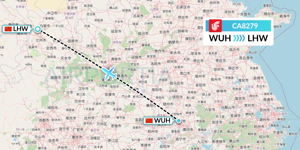 CA8279 Air China Flight Map: Wuhan to Lanzhou