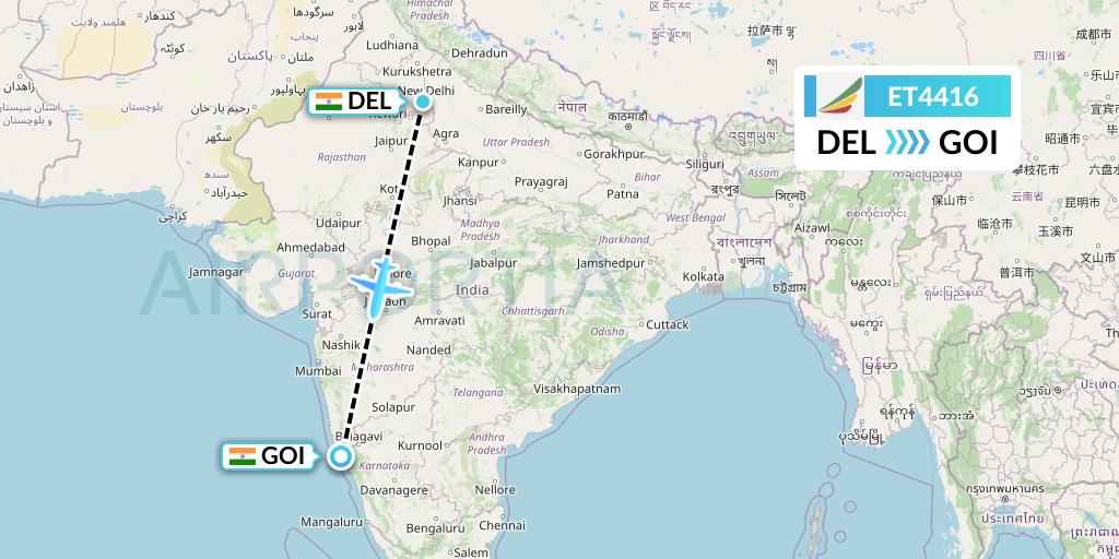 ET4416 Ethiopian Airlines Flight Map: Delhi to Goa