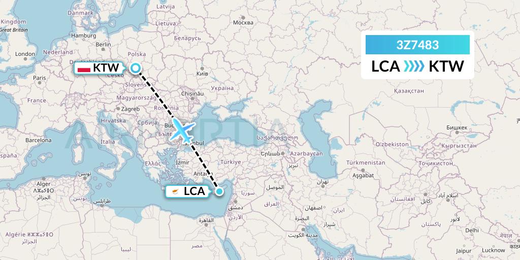 3Z7483 Travel Service Polska Flight Map: Larnaca to Katowice