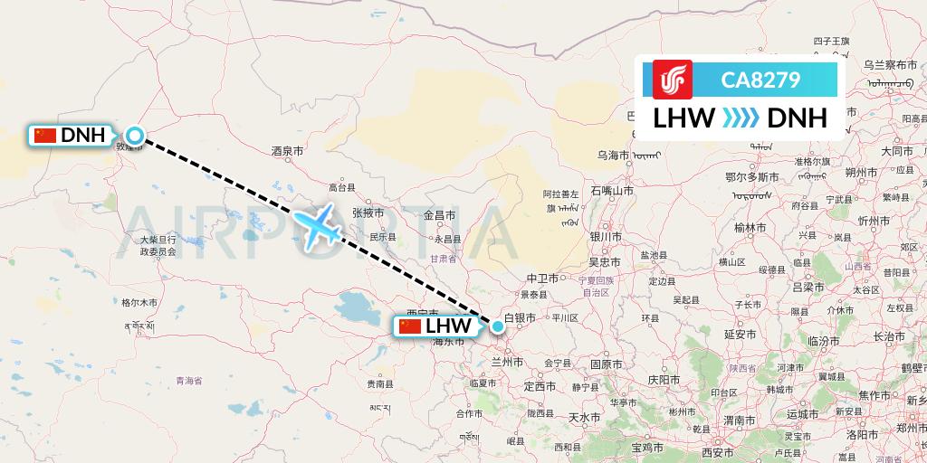 CA8279 Air China Flight Map: Lanzhou to Dunhuang