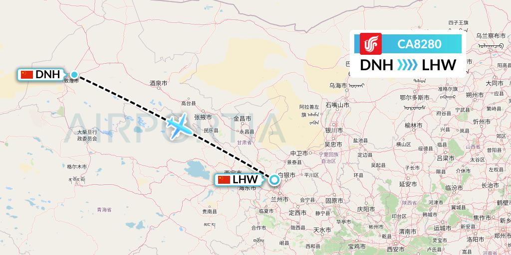 CA8280 Air China Flight Map: Dunhuang to Lanzhou