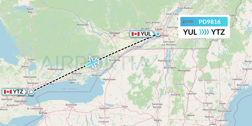 PD9816 Porter Airlines Flight Map: Montreal to Toronto
