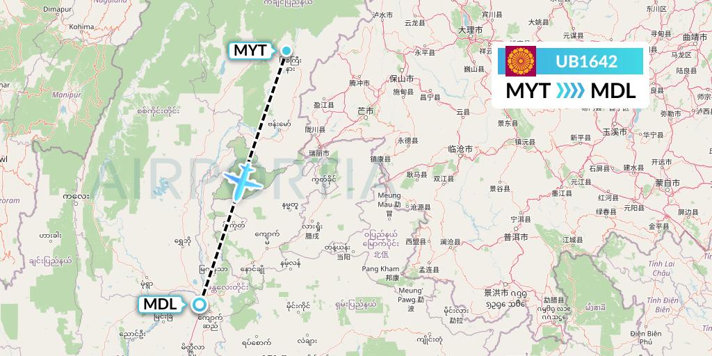 UB1642 Myanmar National Airlines Flight Map: Myitkyina to Mandalay