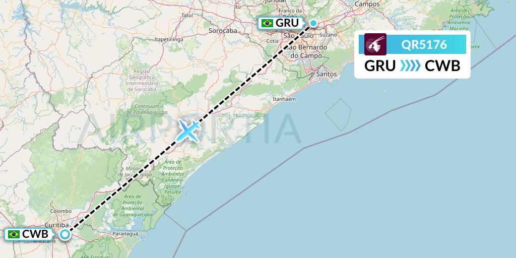 QR5176 Qatar Airways Flight Map: Sao Paulo to Curitiba