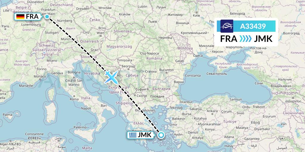 A33439 Aegean Airlines Flight Map: Frankfurt to Mykonos