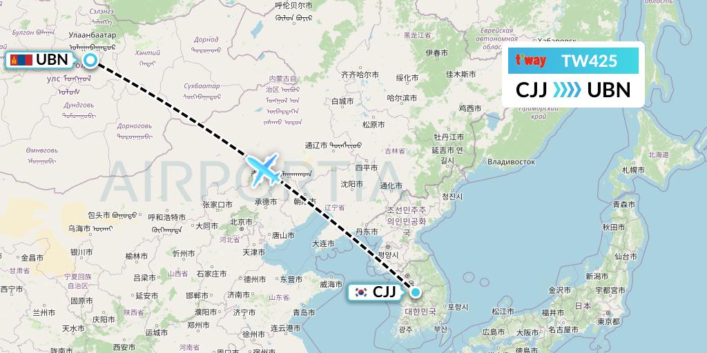 TW425 T'way Air Flight Map: Cheongju to Ulan Bator