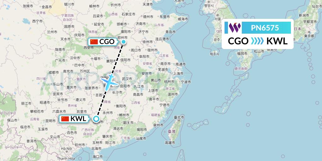 PN6575 China West Air Flight Map: Zhengzhou to Guilin