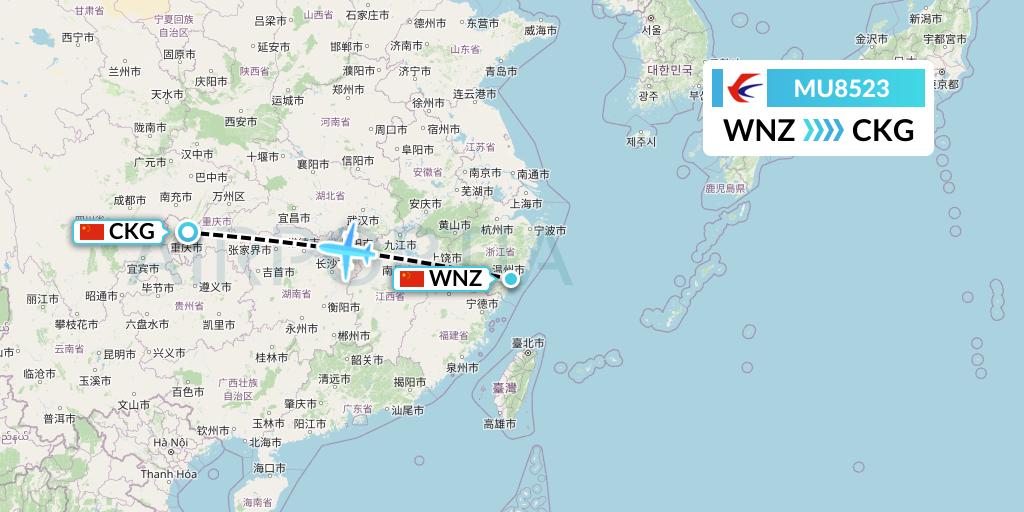 MU8523 China Eastern Airlines Flight Map: Wenzhou to Chongqing