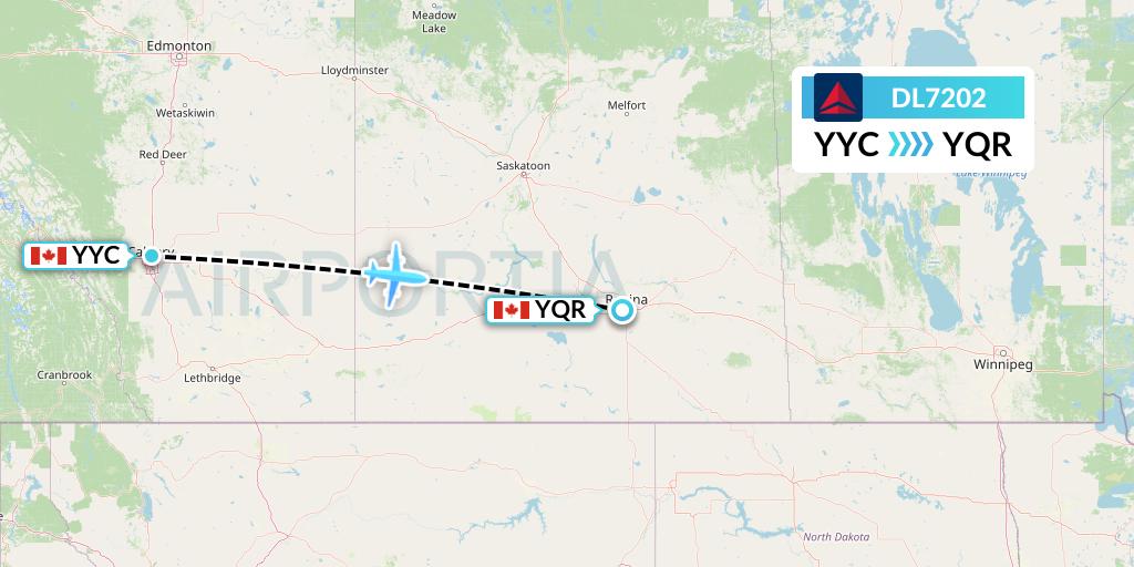 DL7202 Delta Air Lines Flight Map: Calgary to Regina
