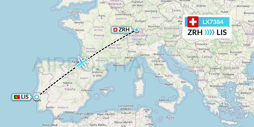 LX7384 Swiss Flight Map: Zurich to Lisbon