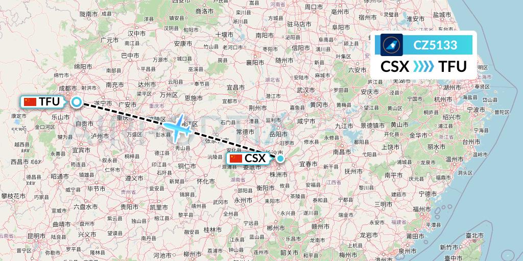 CZ5133 China Southern Airlines Flight Map: Changsha to Chengdu