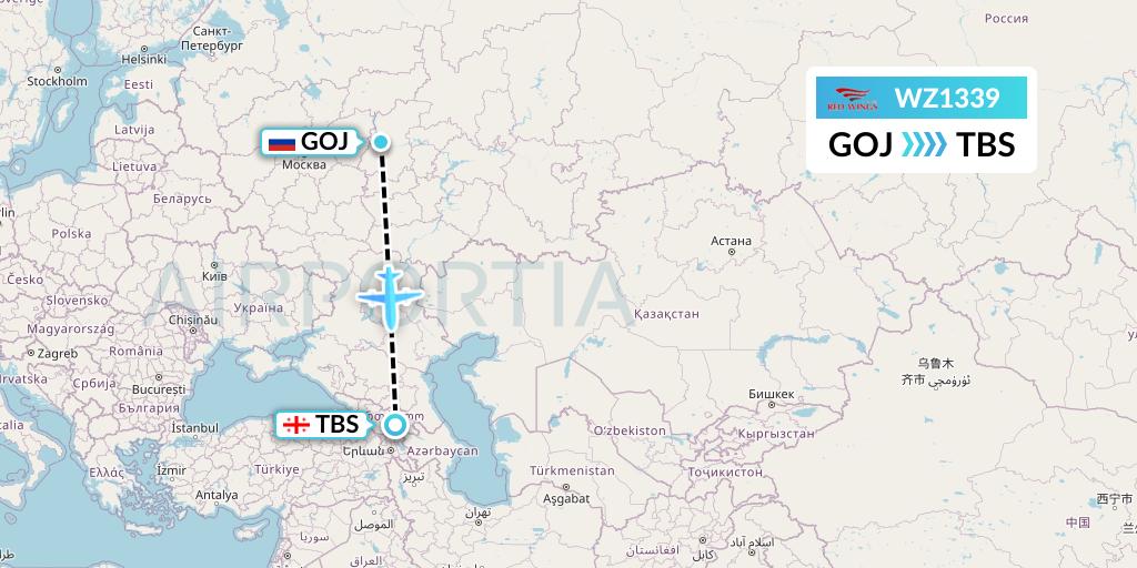 WZ1339 Red Wings Flight Map: Nizhny Novgorod to Tbilisi