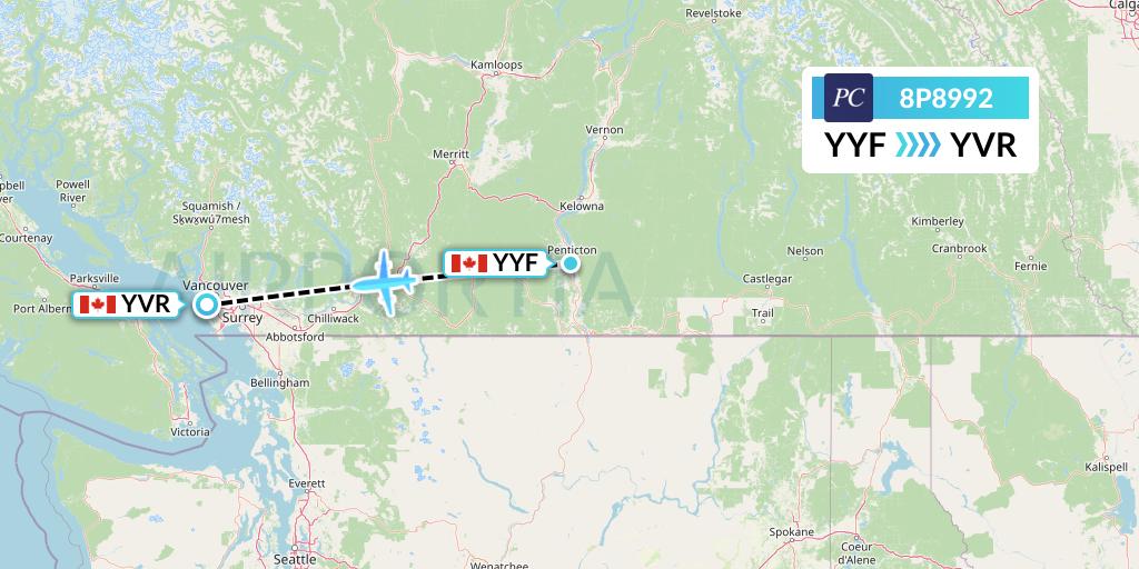 8P8992 Pacific Coastal Airlines Flight Map: Penticton to Vancouver