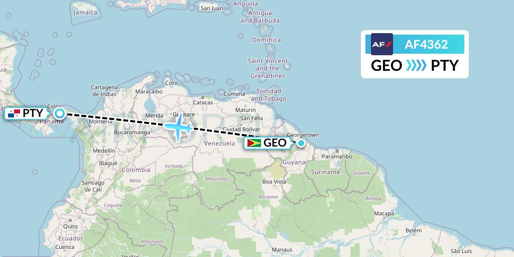 AF4362 Air France Flight Map: Georgetown to Panama City
