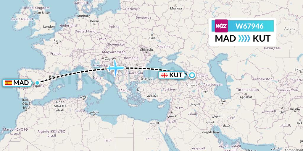 W67946 Wizz Air Flight Map: Madrid to Kutaisi