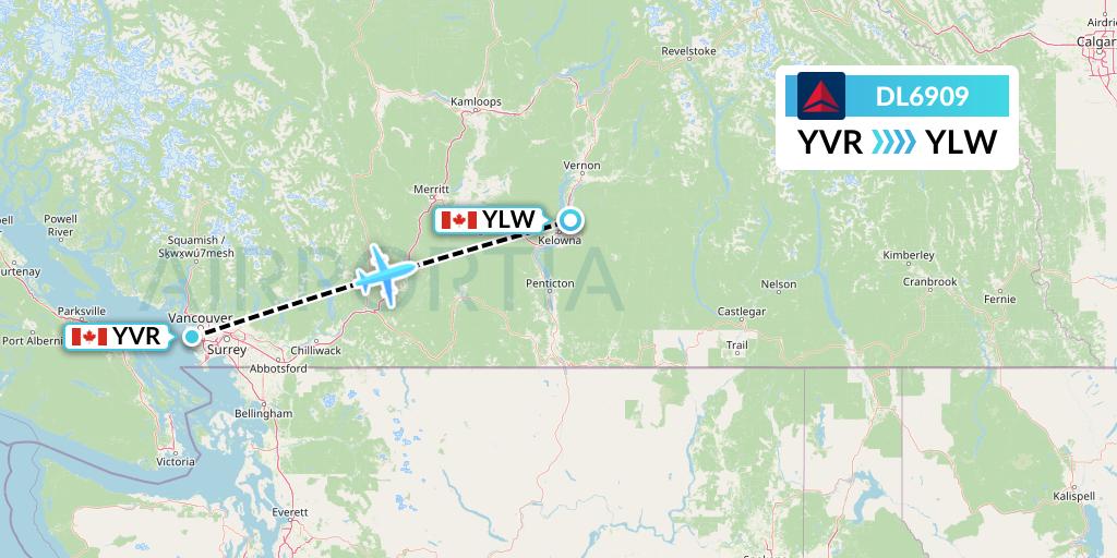 DL6909 Delta Air Lines Flight Map: Vancouver to Kelowna
