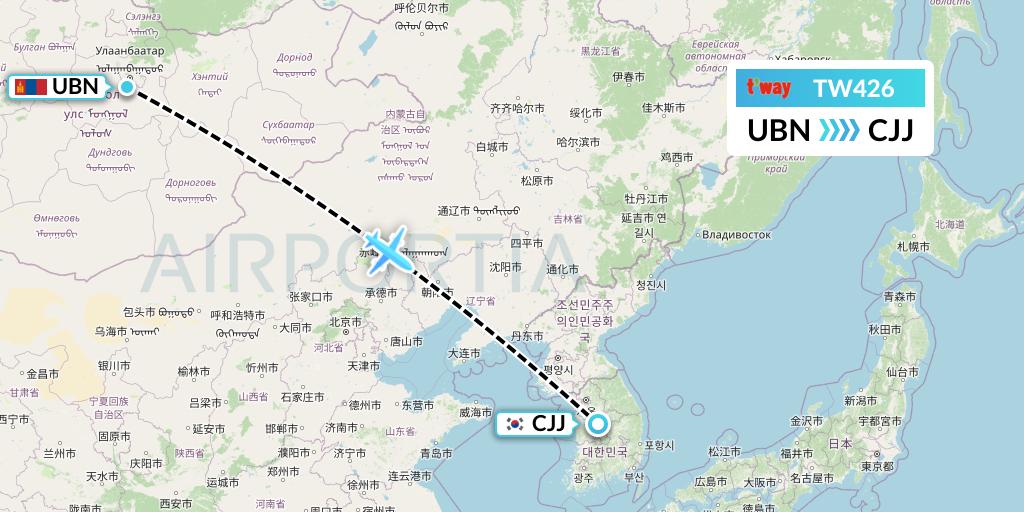 TW426 T'way Air Flight Map: Ulan Bator to Cheongju