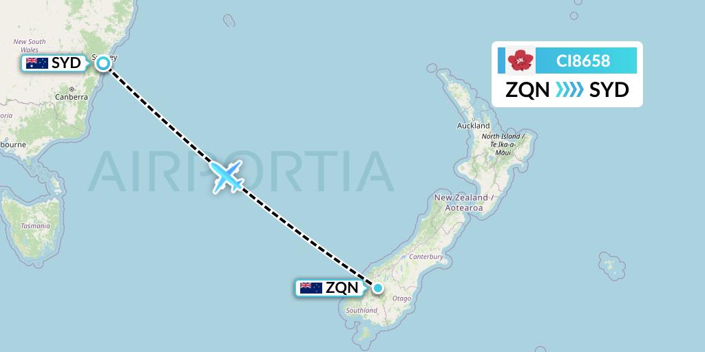CI8658 China Airlines Flight Map: Queenstown to Sydney